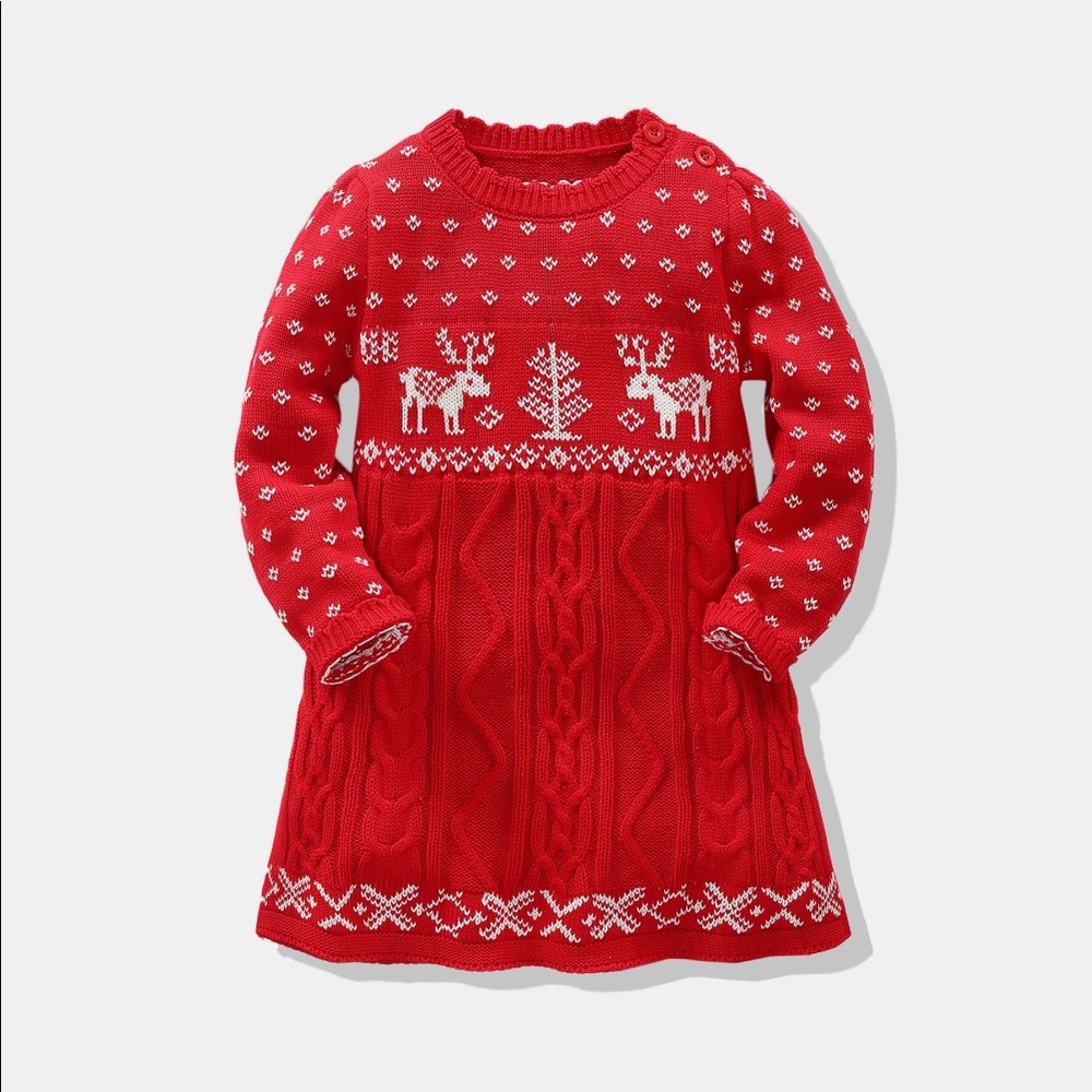 Girls Reindeer Cable Knit Sweater Dress. Size: 4T, Color: Red